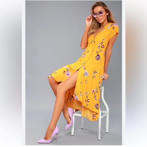 Free People Dresses & Skirts - Free People “Lost in You” Yellow Floral Button Midi Dress Women’s Medium